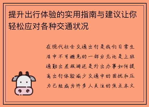 提升出行体验的实用指南与建议让你轻松应对各种交通状况